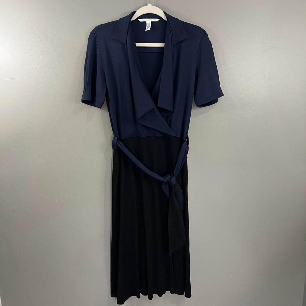 DIANE VON FURSTENBERG Womens Sz 10 Hane Faux Wrap Blue Black 100% Silk Dress